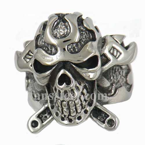 FSR11W78 cross spanner wrench flame skull ring - Click Image to Close